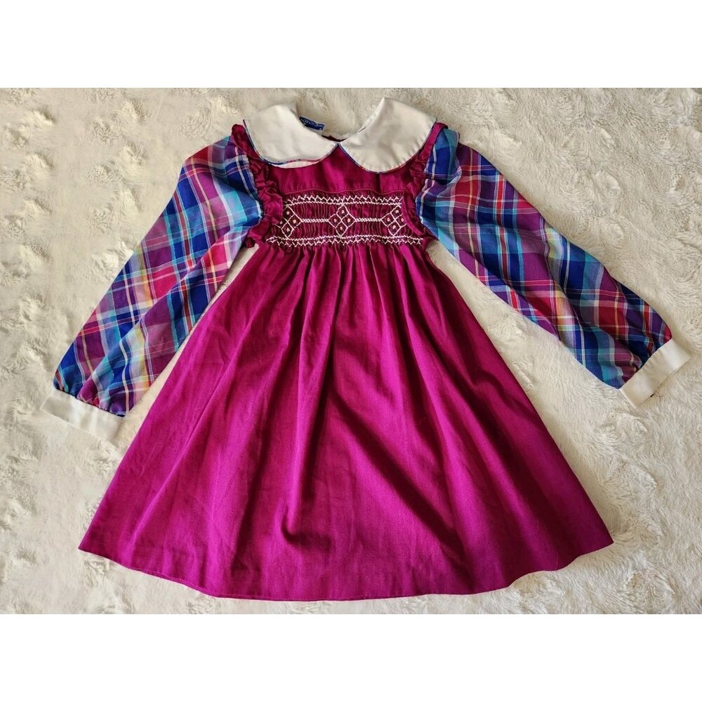 Vintage Princess Anne Hand Smocked Purpl Dress Plaid Long Sleeves School Girls 5